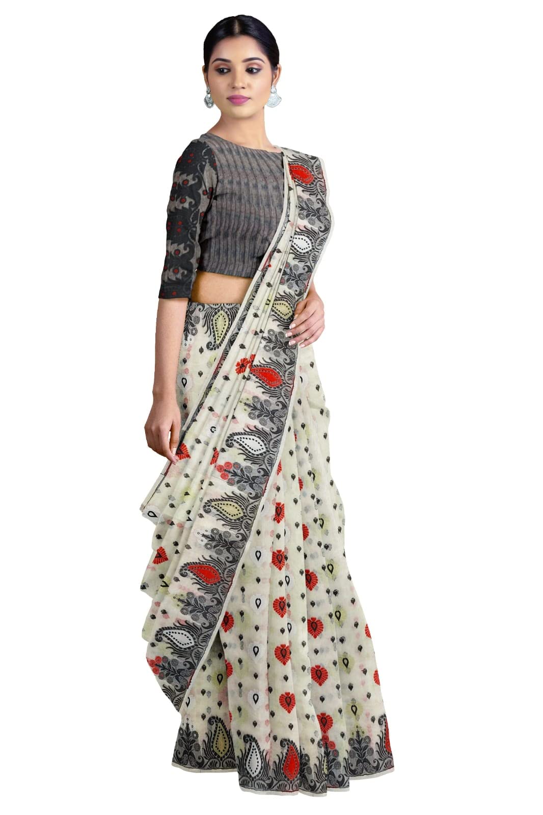 Saree Niketan Women's Traditional Bengal Cotton Silk Jamdani Saree (white)