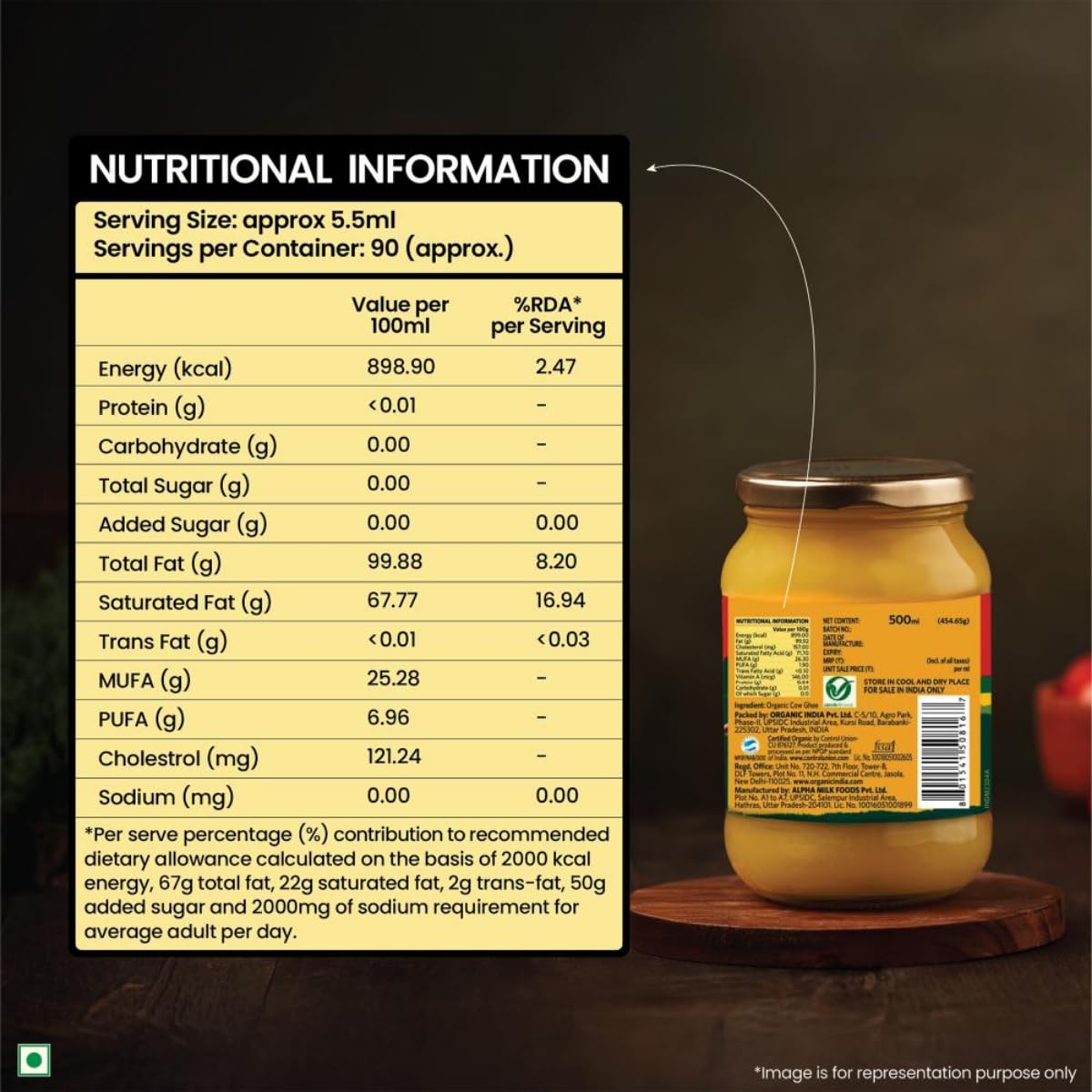 A TATA Product - Organic India Pure Cow Ghee, 500ml, Lab Tested on 600+ Parameters, Certified Organic, Glass Bottle, Sourced from Organically Fed Cows, Authentic Taste, Rich in Healthy Fat