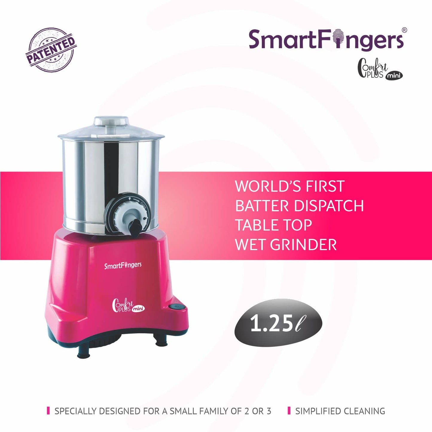 SmartFingers Comfort Plus Mini Table Top Wet Grinder 230V 50hz, 1.25 Liter, Pink