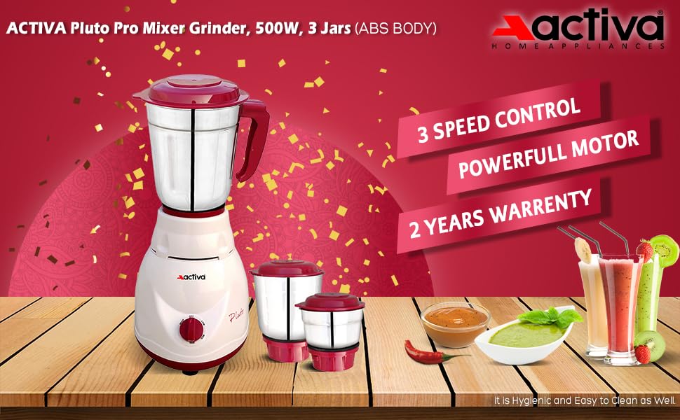 ACTIVA Plastic Pluto Pro Mixer Grinder, 500W, 3 Jars (White) 2 Year Warranty (Ivory Maroon), 500 Watts