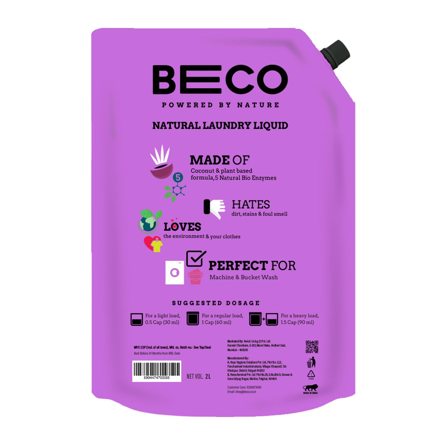 Beco Matic-Front Load Natural Laundry Liquid Detergent| 2 Litre Super Value Refill | Natural Formula for Tough Stain Removal & Fabric Care | No Harsh Chemicals | 100% Ecofriendly