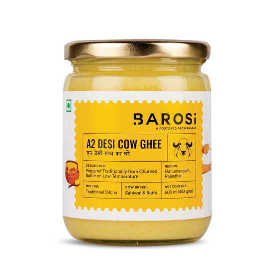 Barosi Premium A2 Cow Ghee 500 millilitre | A2 Danedar Desi Ghee | Churned from Curd with Bilona Method | Pure & Aromatic | Organic, Farm Made in Small Batches | Glass Jar Packing