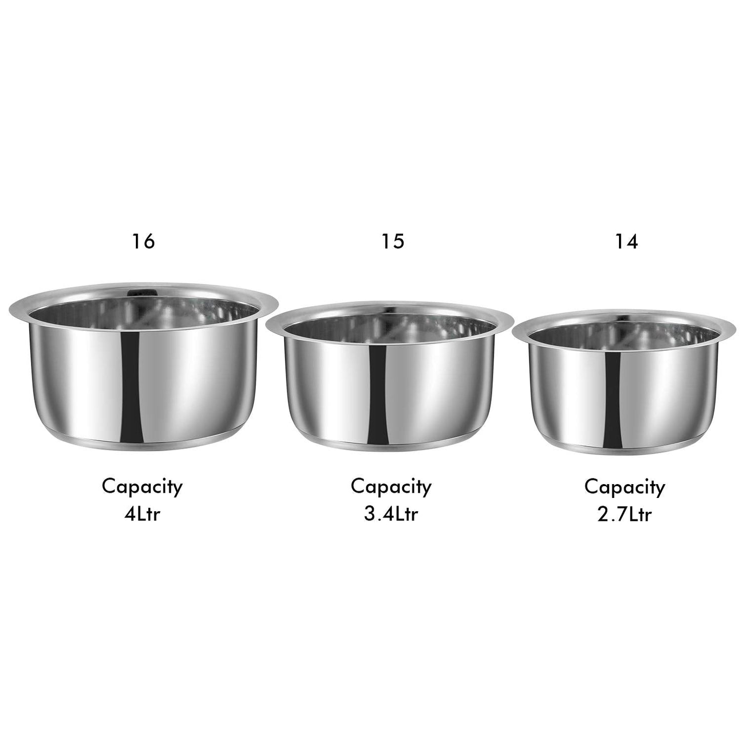 Vinod Stainless Steel Capsule Bottom Tope/Patila Combo Set Of 3 Pcs-2.7 Liter(14Cm Diameter),3.4 L(15Cm Diameter)And 4 L(16Cm Diameter)-Silver