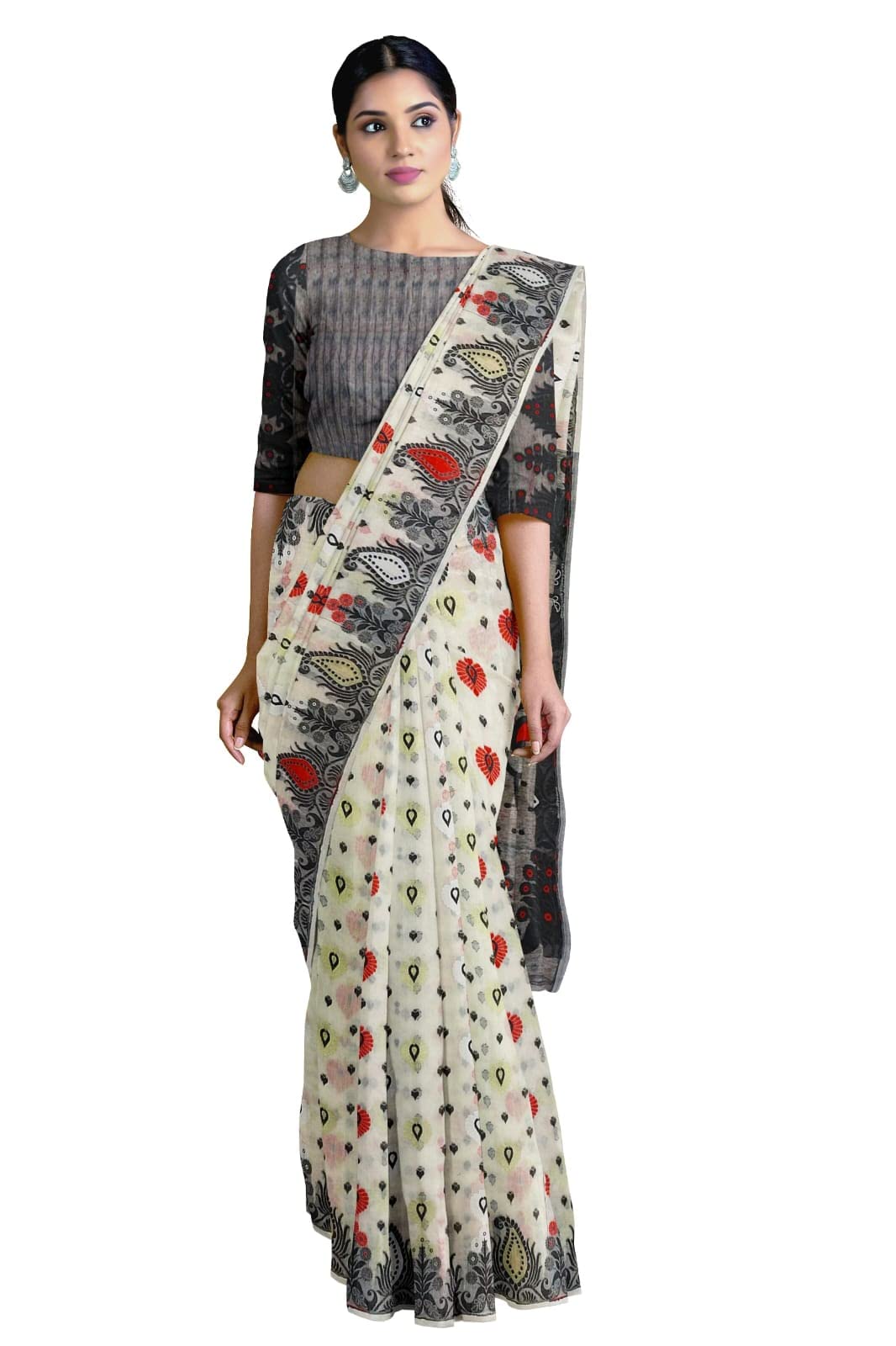 Saree Niketan Women's Traditional Bengal Cotton Silk Jamdani Saree (white)