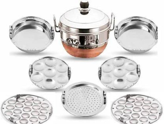 Bigbought All-in-One Stainless Steel Idli Cooker Kadai Steamer with Copper Bottom, Big Size with 7 Plates 2Idli 2 Dhokla 1 Patra 2 Mini idli plate Induction & Standard Idli Maker (7 Plates,14 Idlis)