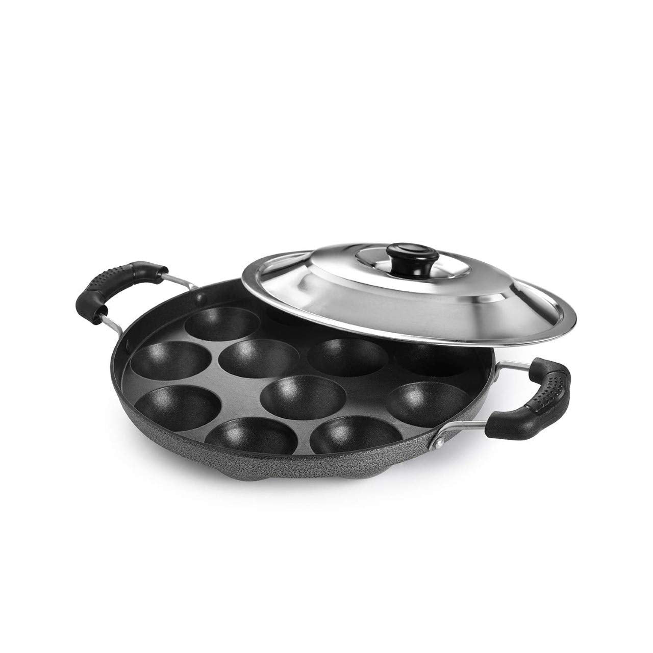 Tosaa Non-Stick 12 Cavity Appam Patra Side Handle with lid, Color May Vary