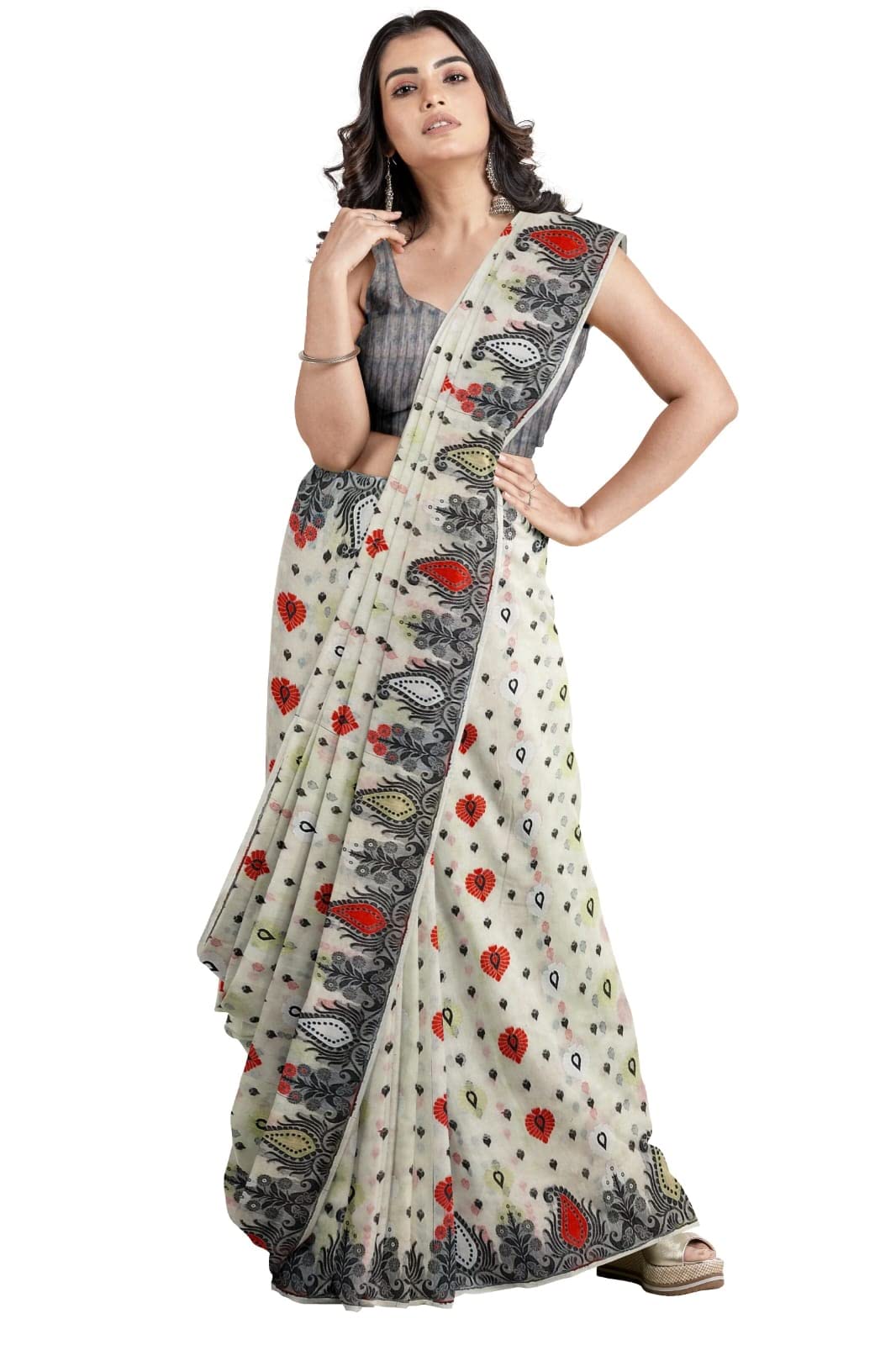 Saree Niketan Women's Traditional Bengal Cotton Silk Jamdani Saree (white)