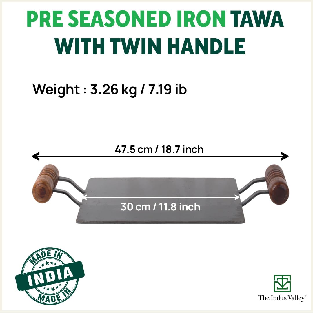 The Indus Valley Pre-Seasoned Square Iron Tawa with Wooden Handle | 30 cm/11.8 inch, 3.26kg | Induction Friendly | Pre-Seasoned Tawa, 100% Pure & Toxin-Free, No Chemical Coating