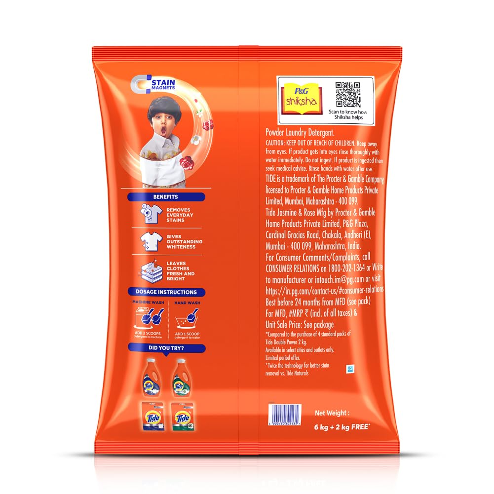 Tide Plus Double Power Detergent Washing Powder Jasmine & Rose 6kg + 2kg FREE