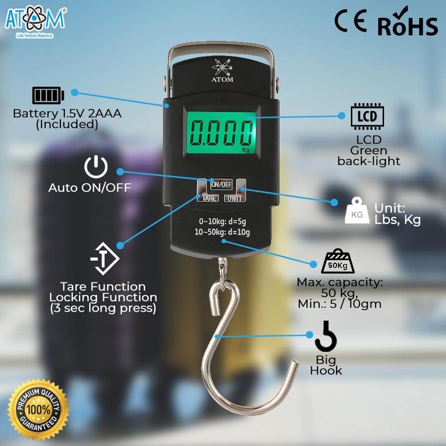 ATOM A 302 Electronic Digital Hanging Stainless Steel Hook Luggage Portable Scale with LCD Display for Industrial Fishing Factory Use Capacity 50Kg