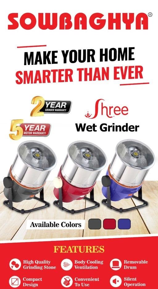 SOWBAGHYA Plastic Shree 2 Ltr Wet Grinder (Tilting Model) (With Attachments) Table Top Wet Grinder | Heavy Duty Motor | 2Ltr Wet Grinder For All Kinds Of Batter For South Indian Dishes (Grey)