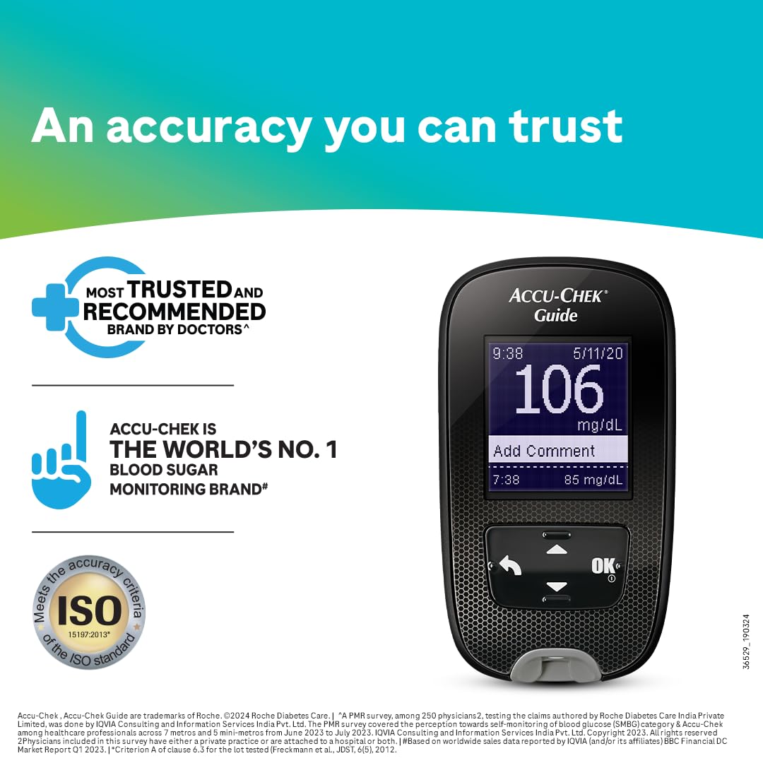 Accu-Chek Guide Blood Glucose Glucometer (with Bluetooth) Kit with Vial of 10 Strips, 10 Lancets and a Lancing Device FREE for Accurate Blood Sugar Testing