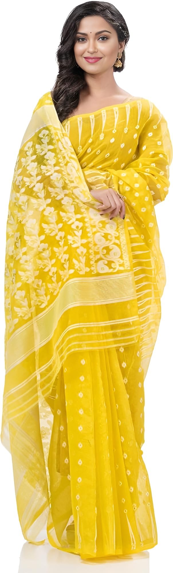 AS Aishwarya Sarees Cotton Silk Women's Bengal Special Soft Dhakai Jamdani Saree For Women With Blouse Piece (Yellow)