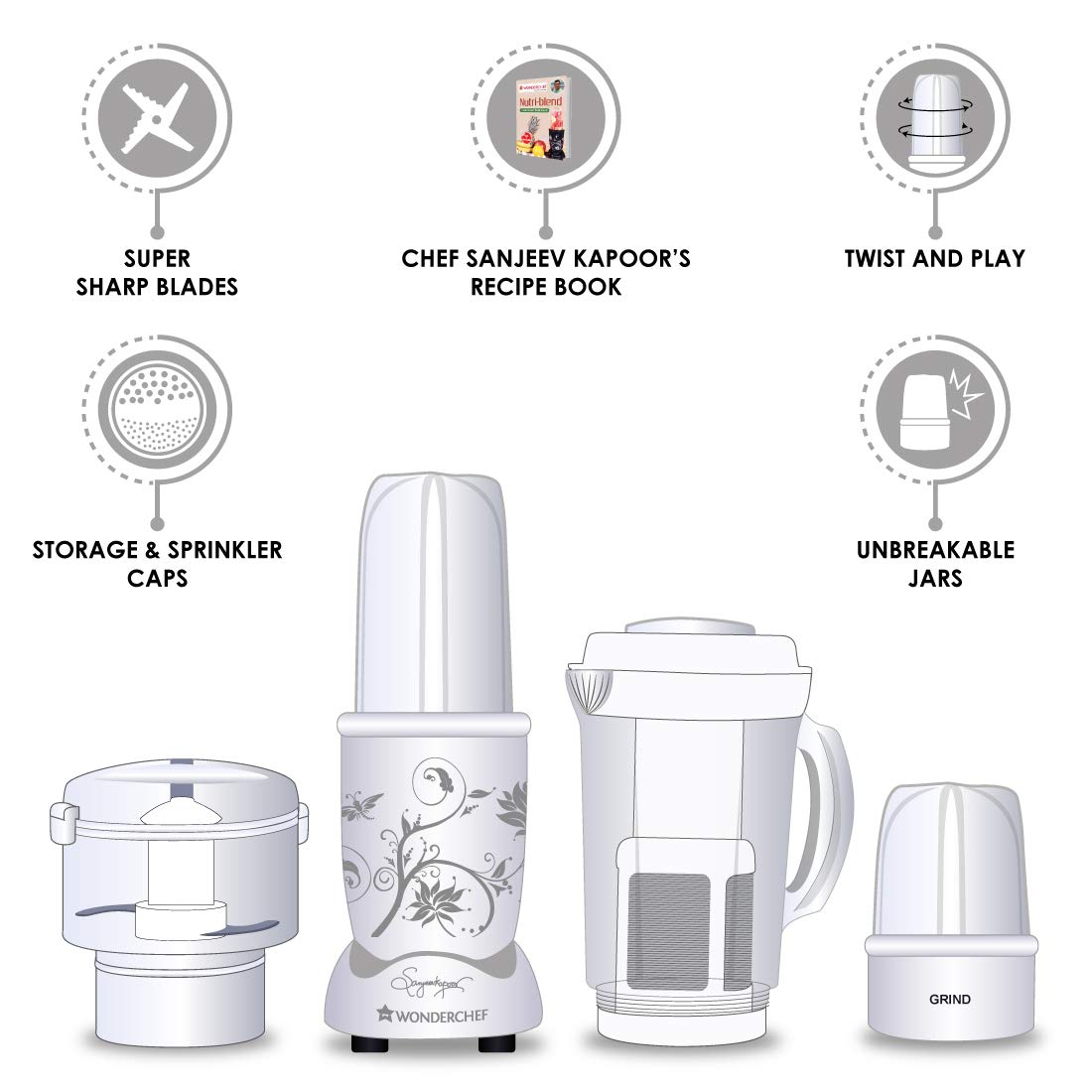 Wonderchef Nutri-Blend Juicer, Mixer, Grinder & Chopper|400W 100% Full Copper Motor|Complete Kitchen Machine|4 Unbreakable Jars|2 Years Warranty|Recipe Book by Chef Sanjeev Kapoor|White