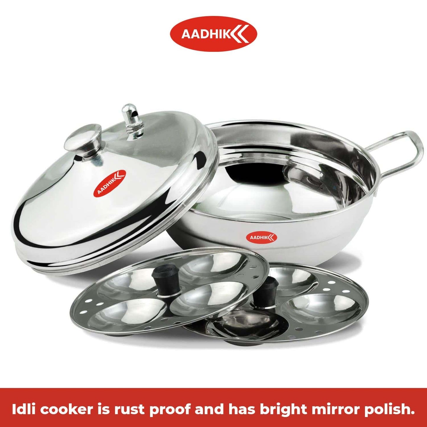 Aadhik Stainless Steel Multi Purpose Kadai with Steel Lid, Idli Maker 2 Idli Plate 8 Cavity Idli Cooker Stainless Steel Idly Pot with Steamer, Silver