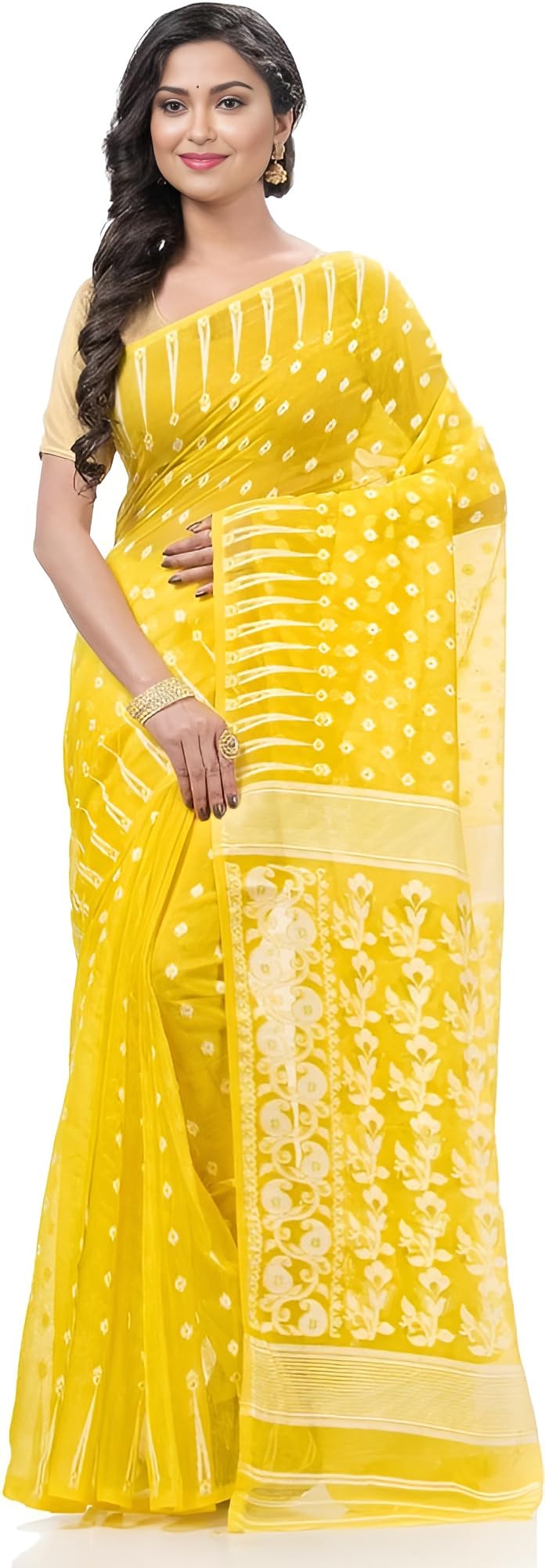 AS Aishwarya Sarees Cotton Silk Women's Bengal Special Soft Dhakai Jamdani Saree For Women With Blouse Piece (Yellow)