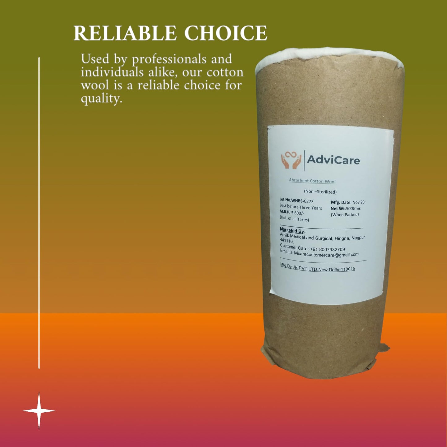 AdviCare Absorbent Pure Cotton Wool for Multipurpose use,Cotton Wool can use for First-Aid, Clinical Use, Makeup Remover, Salon, Beauty Baby care & art and Craft pack of 500gms -White