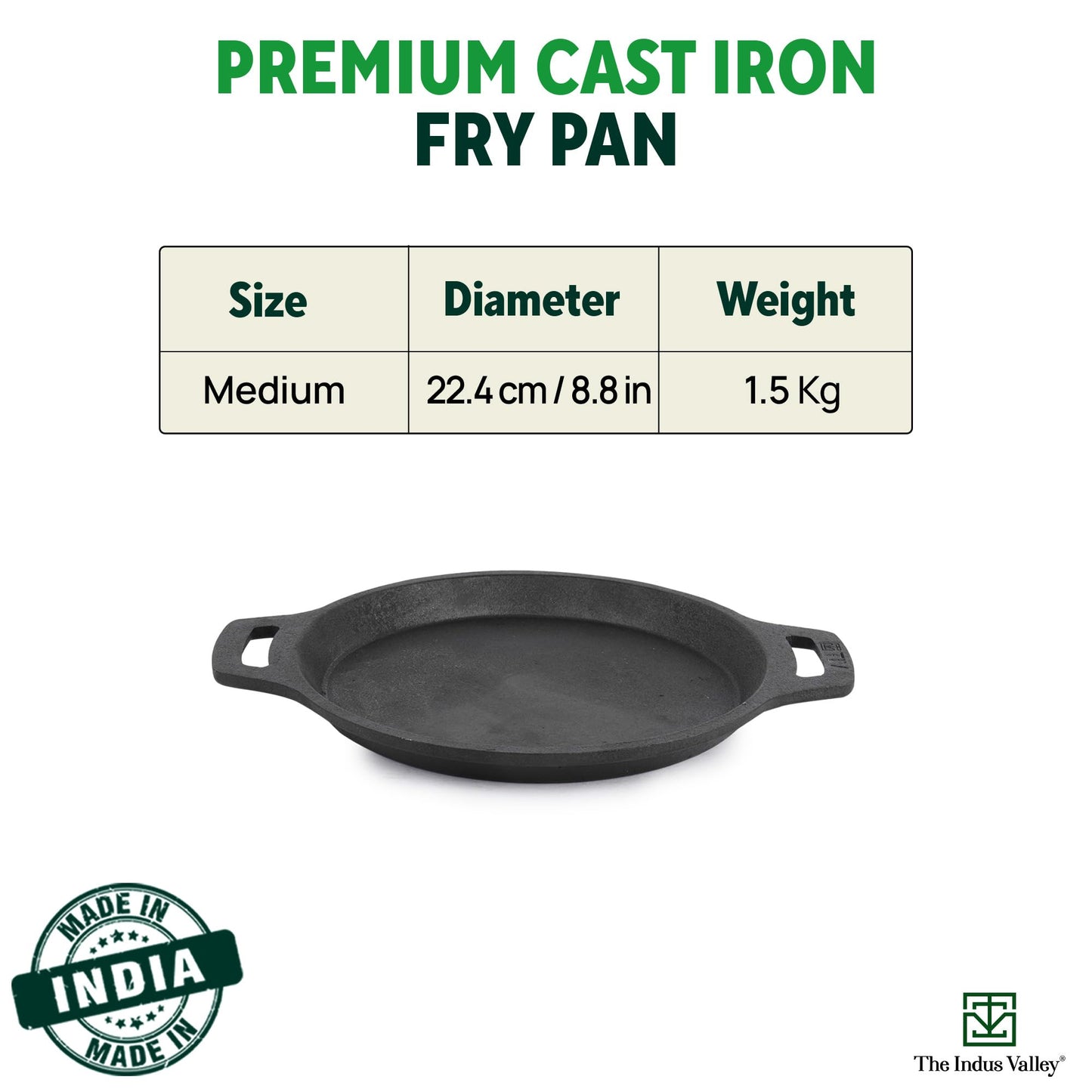 The Indus Valley Preseasoned Cast Iron Fish Fry Pan With Double Handle| Medium 22.4Cm/ 8.8Inch, 1.5Kg | Induction Friendly | Nonstick Fish Fry Pan, 100% Pure & Toxin Free, No Chemical Coating, Black
