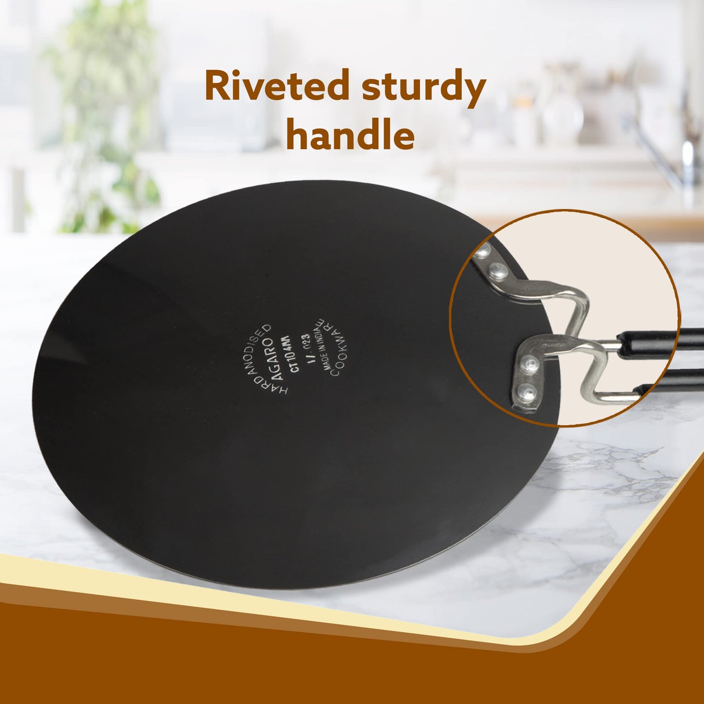 AGARO Elite Hard Anodised Tawa for Kitchen, 25 cm Diameter Tawa for Roti, Chapati, Paratha, Riveted Handle, 4 mm Thick Base for Uniform Heating, Gas Oven Compatible, Cooking, Cookware
