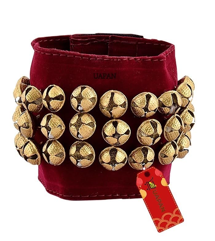UAPAN Brass Ghungroo Ankle Bells Velvet 3 line Pad for Classical Kathak Dance with Adjustable Strap (Maroon,60 Bells)
