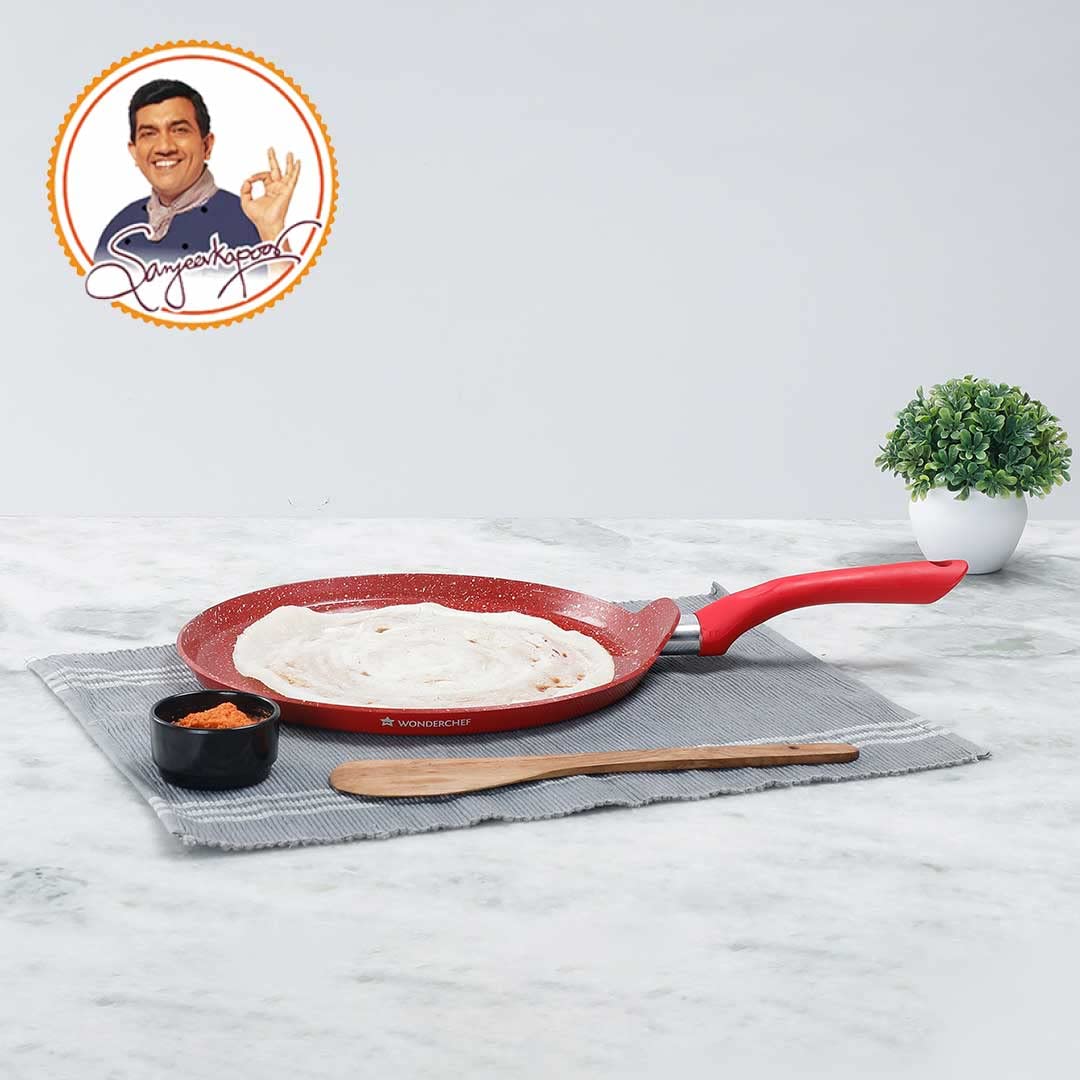 Wonderchef Royal Velvet Non-Stick Dosa Tawa | Induction Bottom | Soft-Touch Handle | Virgin Grade Aluminium | PFOA/Heavy Metals Free | 3 mm | 28cm Non-Stick Tawa | 2 Years Warranty | Red