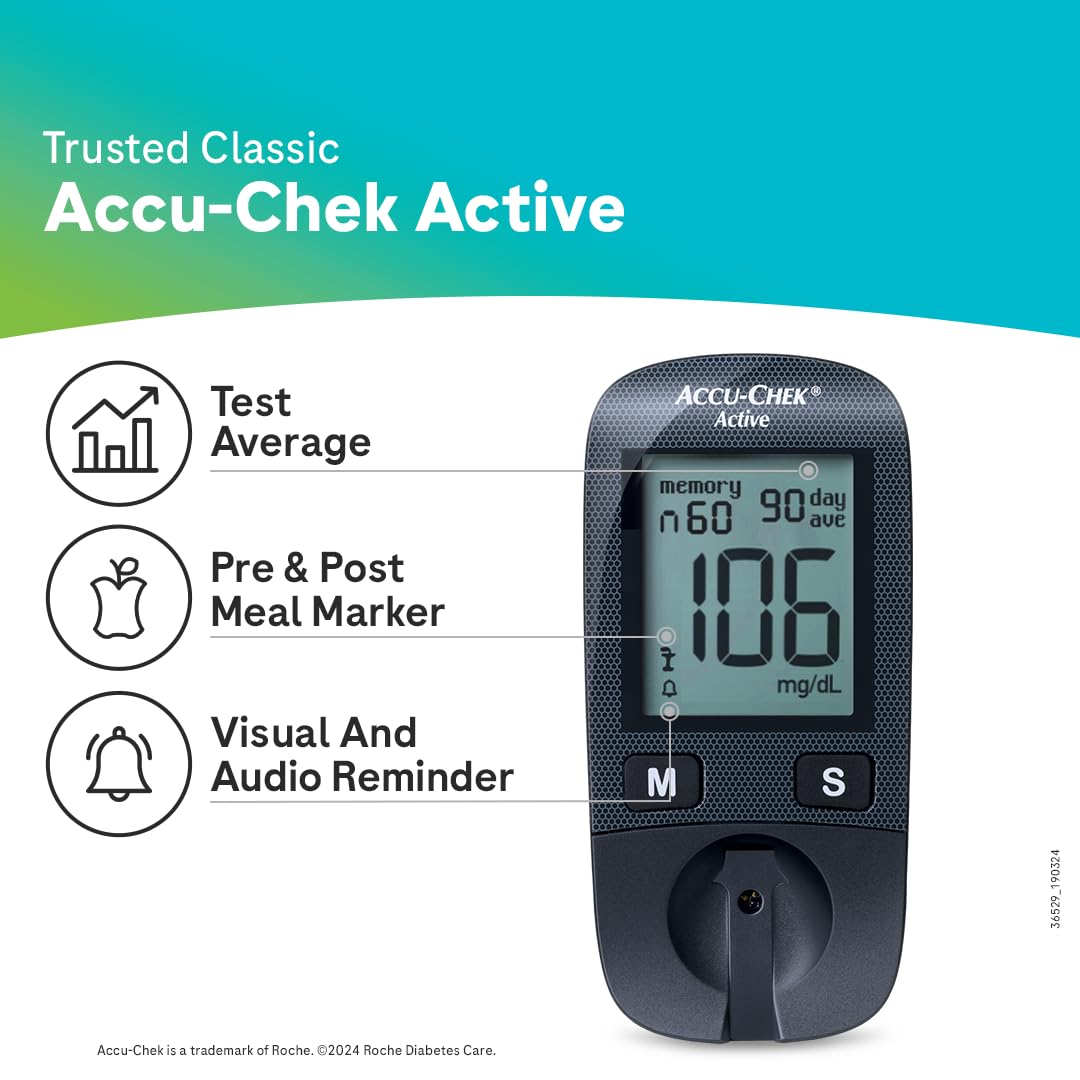Accu-Chek Active Blood Glucose Glucometer Kit with Vial of 10 Strips, 10 Lancets and a Lancing device FREE