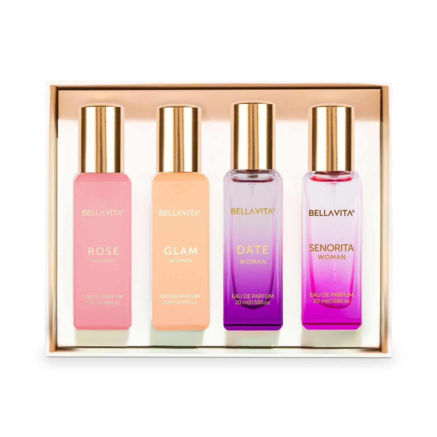 Bella Vita Luxury Woman Eau De Parfum Gift Set 4x20 ml for Women with Date, Senorita, Glam, Rose Perfume|Floral, Fruity Long Lasting EDP Fragrance Scent