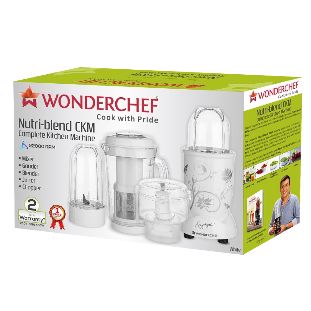 Wonderchef Nutri-Blend Juicer, Mixer, Grinder & Chopper|400W 100% Full Copper Motor|Complete Kitchen Machine|4 Unbreakable Jars|2 Years Warranty|Recipe Book by Chef Sanjeev Kapoor|White