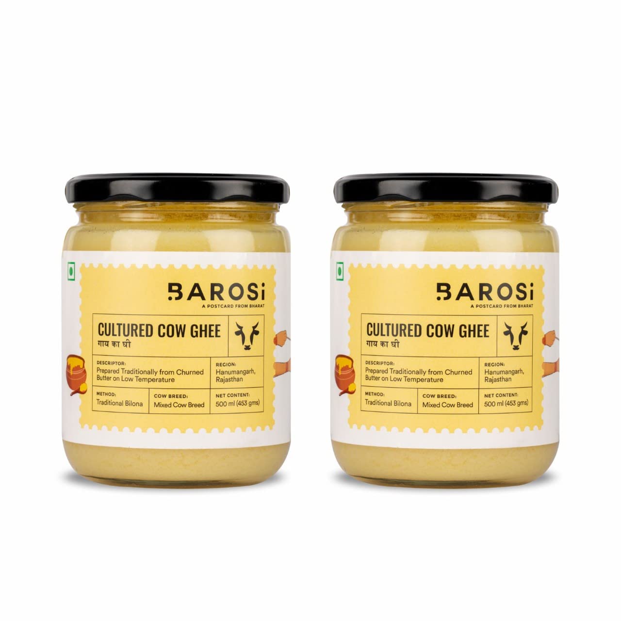 Barosi Premium Cultured Desi Cow Ghee 1 Litre (Combo Pack of 2 * 500ml) | Vedic Bilona Method | Churned from Curd | Pure & Natural | Farm Made in Small Batches | Glass Jar Packing
