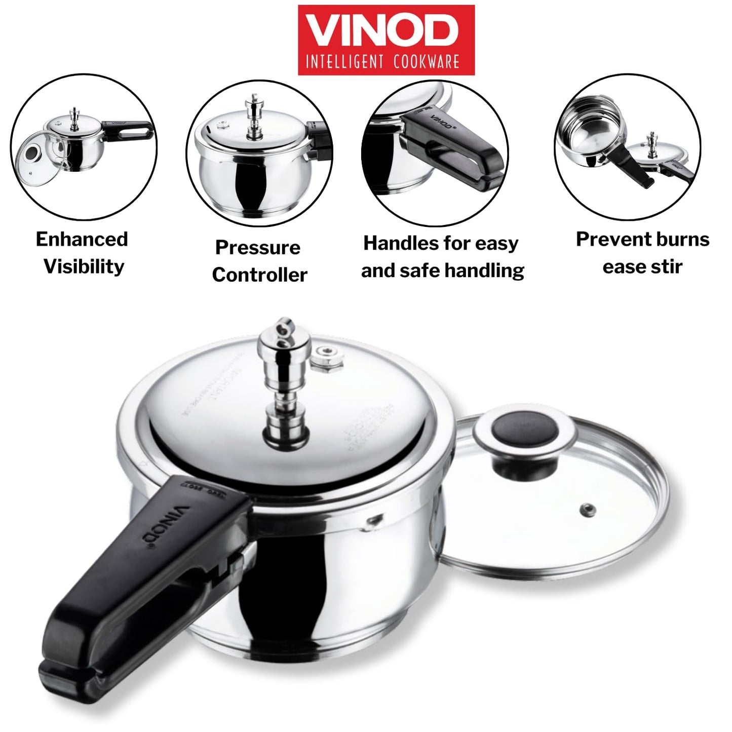 Vinod Splendid Plus Stainless Steel Pressure Cooker Outer Lid 1.5 Litre | SAS Bottom Handi Cooker | Extra Glass Lid | Induction and Gas Base | ISI and CE certified | 2 Years Warranty