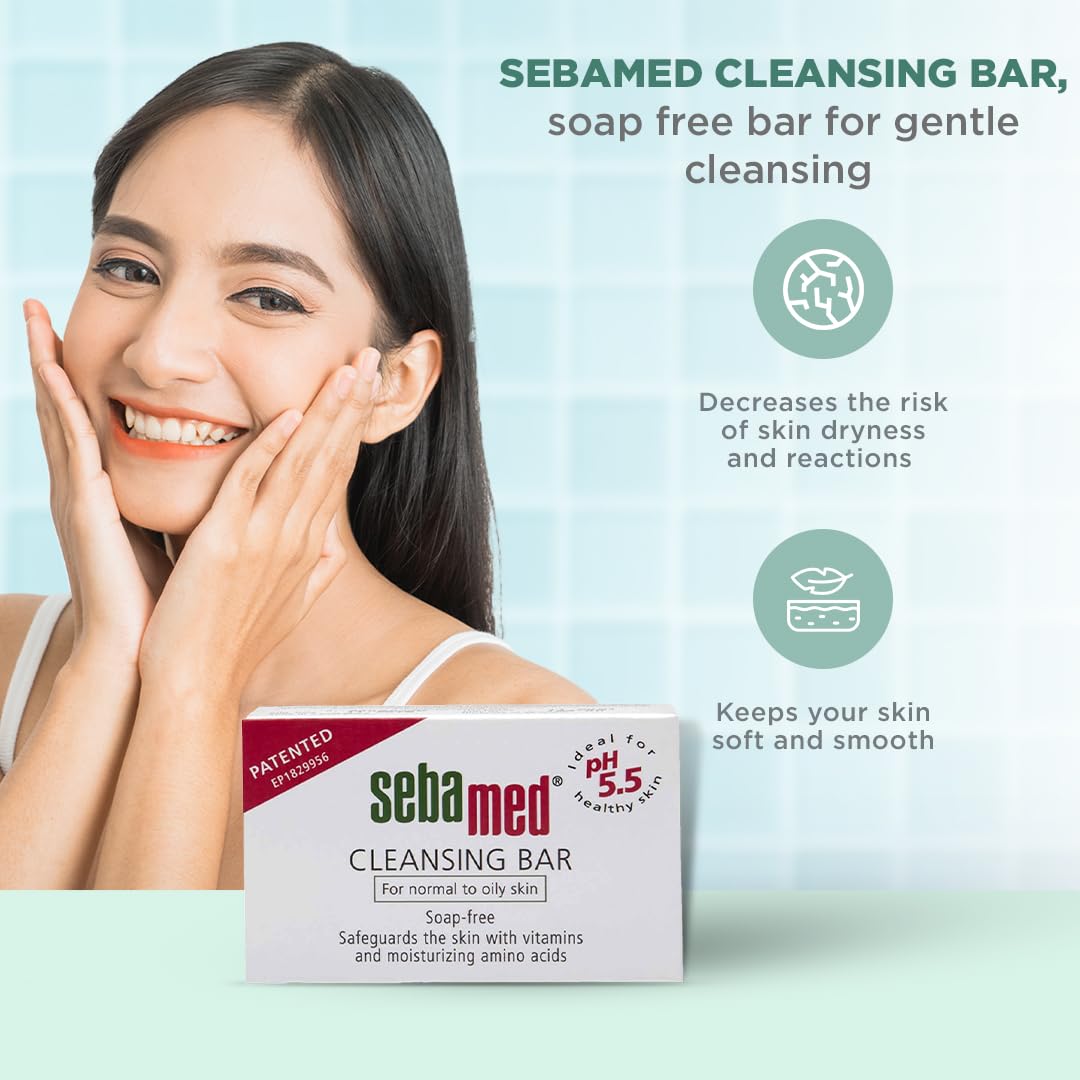 SebaMed Cleansing Bar, Ph5.5, Gentle, Non Drying, Soap Free, Moisturizing Bath, Vitamins & Amino Acids L Free From Phthalates, Dermatologically & Clinically Tested L Ideal, 100 Gm