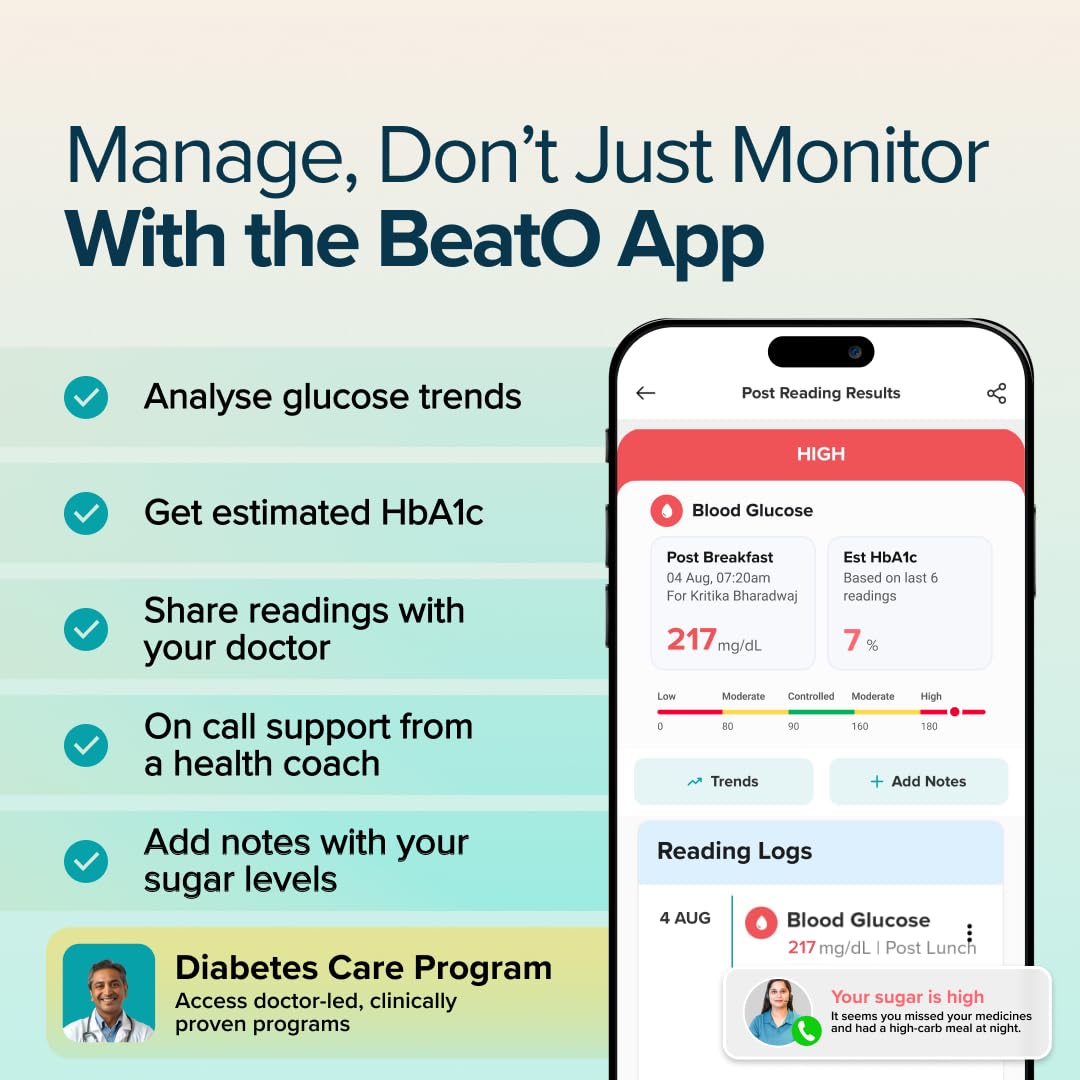 BeatO CURV Sugar Test Machine | FREE 50 Strips & 50 Lancets (Type-C USB Connector) | Simple & accurate testing of Blood sugar levels at home |Smartphone Connected Glucometer Machine | Android only | ISO Certified: Made in India