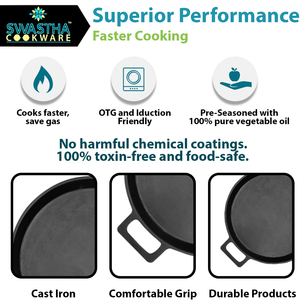 SWASTHA COOKWARE Cast Iron Material Neer Dosa Tawa Double Handle | Pre-Seasoned Super Smooth Cast Iron Neer Dosa Tawa | Black Color