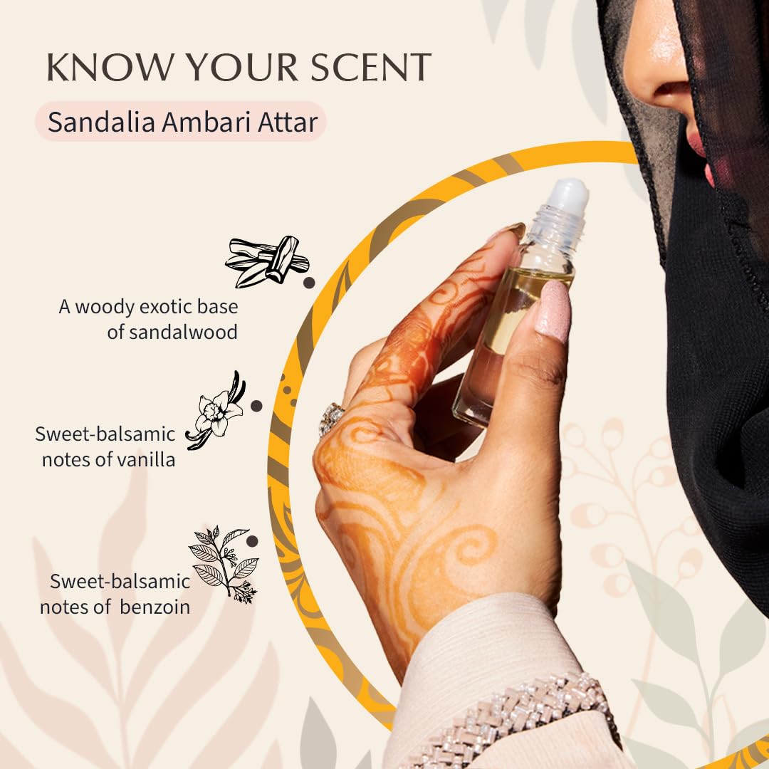 Sandalia Ambari Attar Oil by Dukhni | Arabic perfume oils for men and women | 100% pure ittar roll on perfume, chandan, sandal, sandalwood oil | Eid, Ramadan Gifts, Non Alcoholic & Vegan Islamic Fragrances
