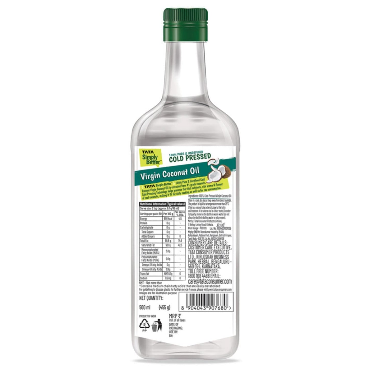 Tata Simply Better Pure & Unrefined Cold Pressed Virgin Coconut Oil, Naturally Cholesterol Free, 500ml, Rich Aroma & Flavour of Real Coconuts, For Daily Cooking with Multipurpose Usage,A1 Grade Coconuts