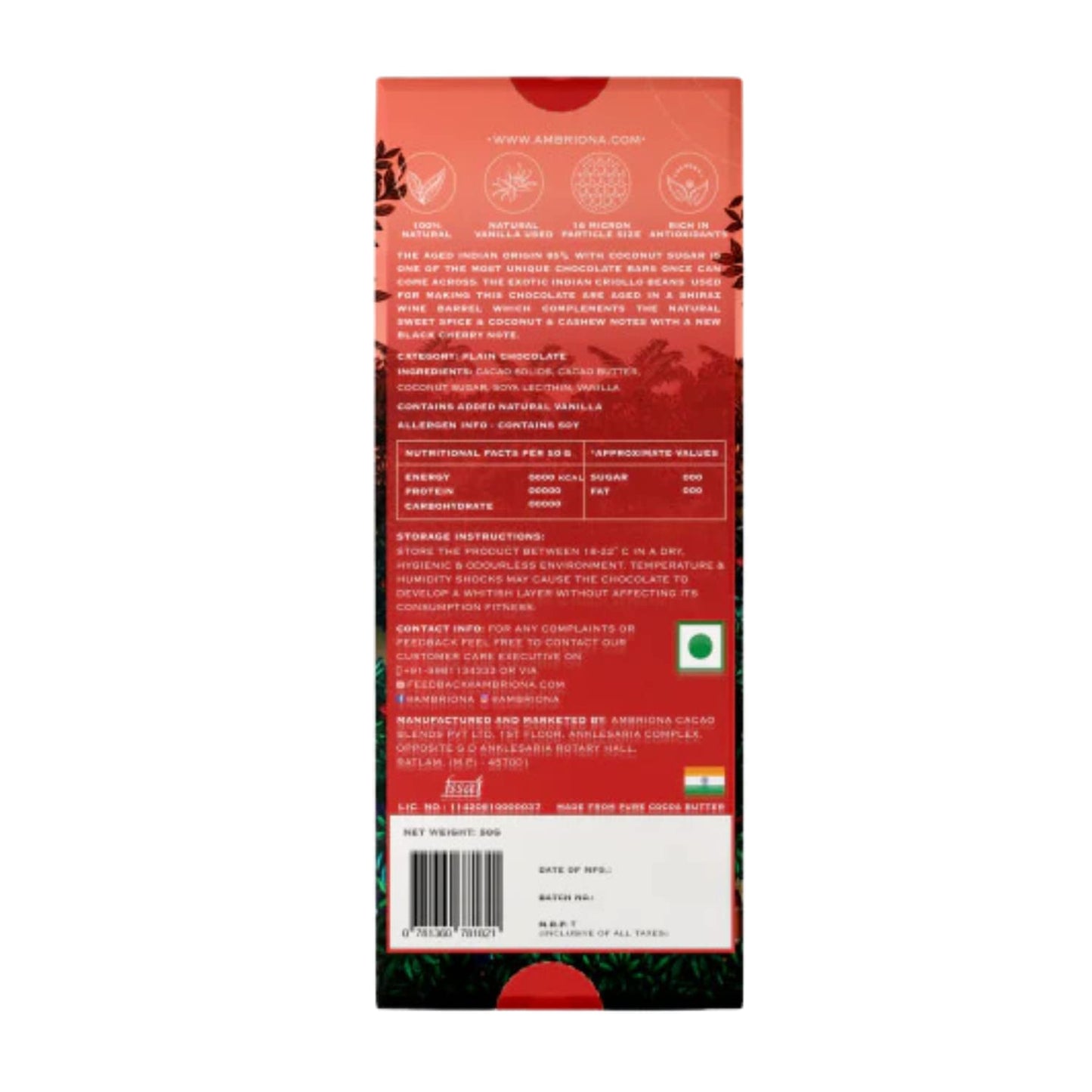 Ambriona 85% Aged India Single Origin Dark Chocolate, Vegan & Gluten Free Chocolates Bar, 50 gm