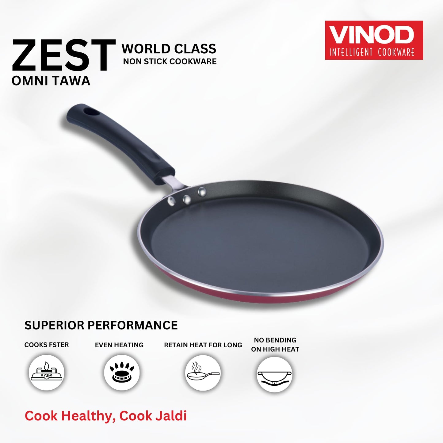 Vinod Zest Aluminium Non Stick Dosa Omni Tawa - 28cm | 4mm Extra Thick | 3 Layer Ceramic Coat | Bakelite Handle | Toxin Free | Gas Base - 1 Year Warranty