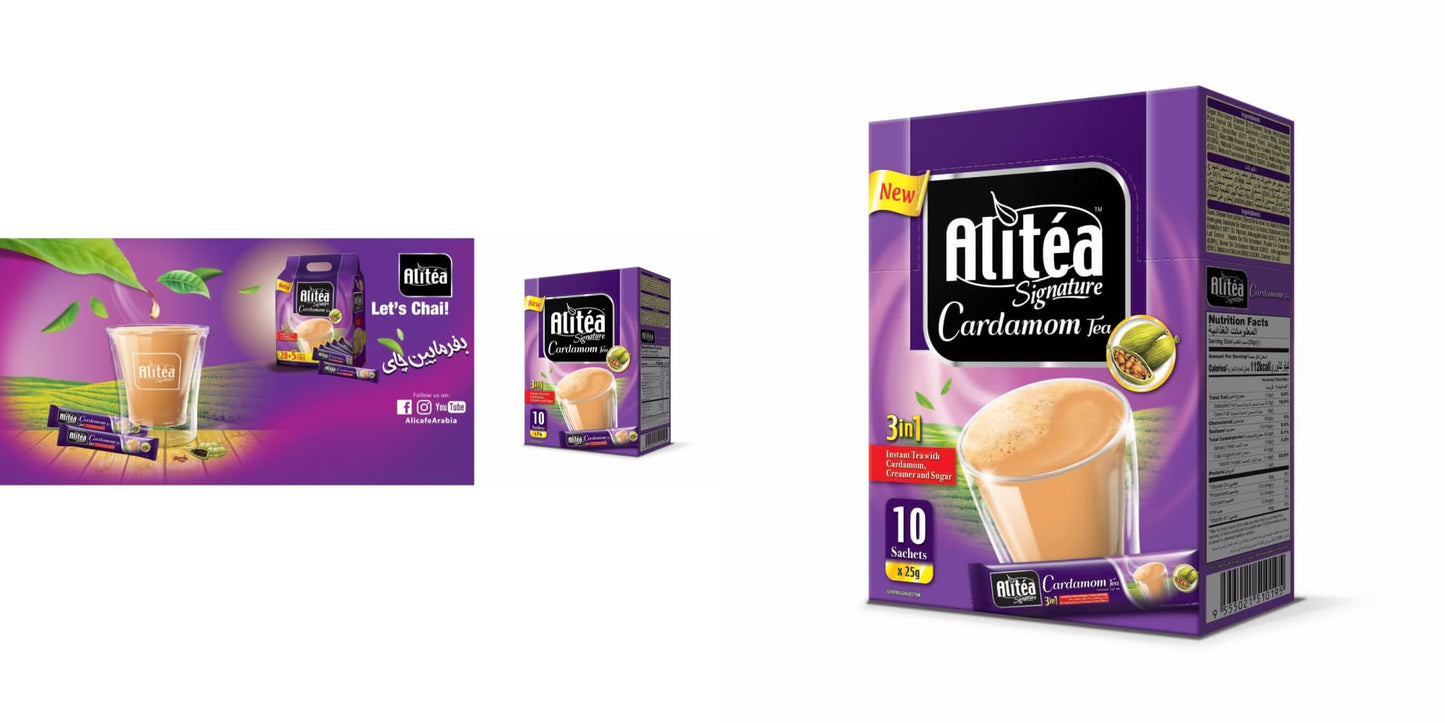 Alitea Signature Cardamom Tea 250g (10 Sachets), Instant Chai Premix - Natural Ingredients, Convenient, GMO-Free