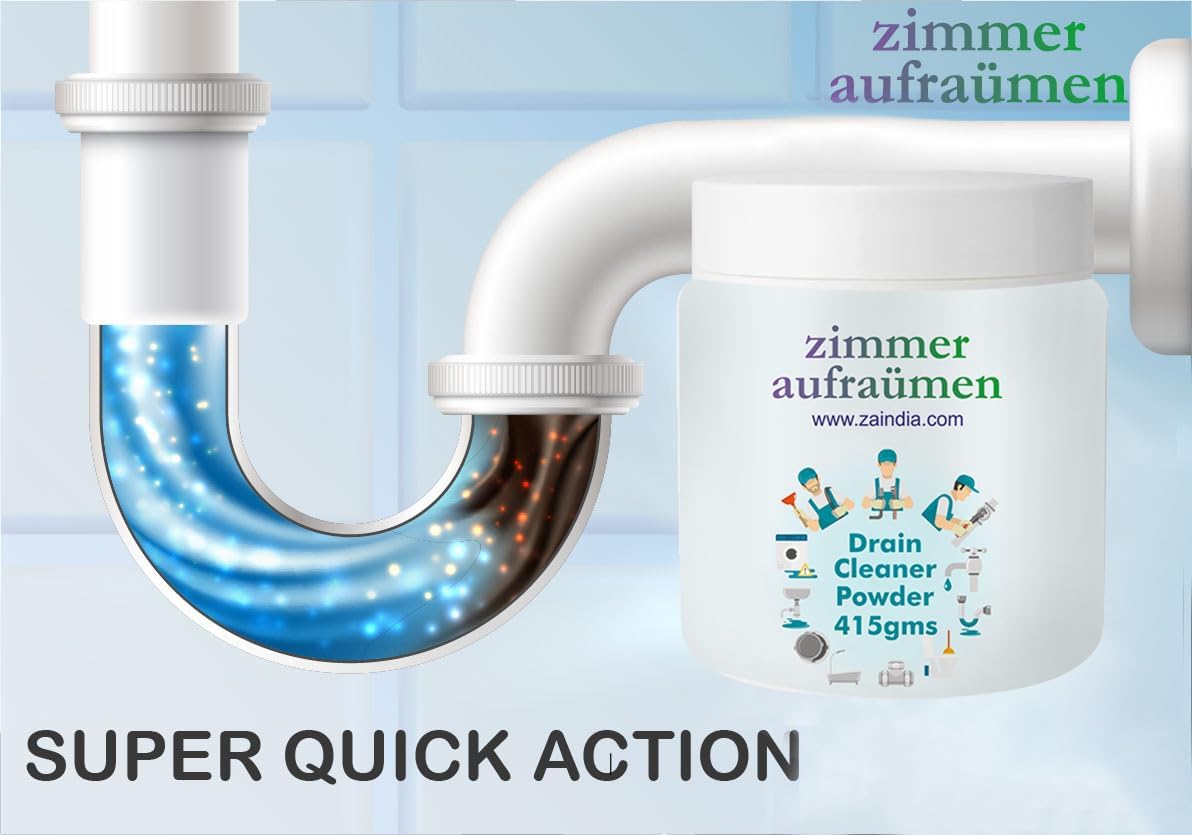 Zimmer Aufraumen 450gms Heavy Duty Drain Cleaner & Blockage Opener Powder. Opens Clogs. Dissolves Hair, Accumulated Soap Scum & Dirt. Biodegradable. Economical.