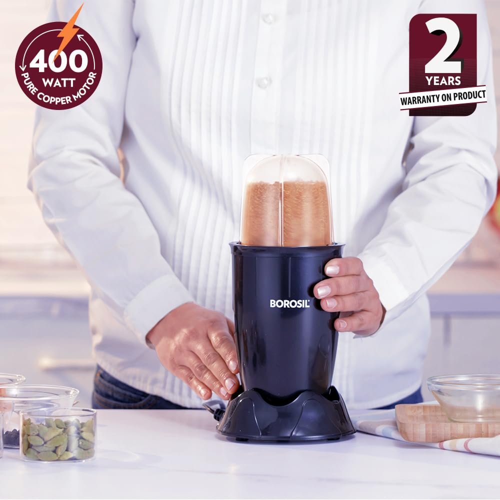 Borosil NutriFresh Portable Mini-Blender & Grinder, 500 ml Blending Jar, 300 ml Chutney Jar, For Blending Smoothies & Chutneys, Dry Grinding Spices, Black, 400 W