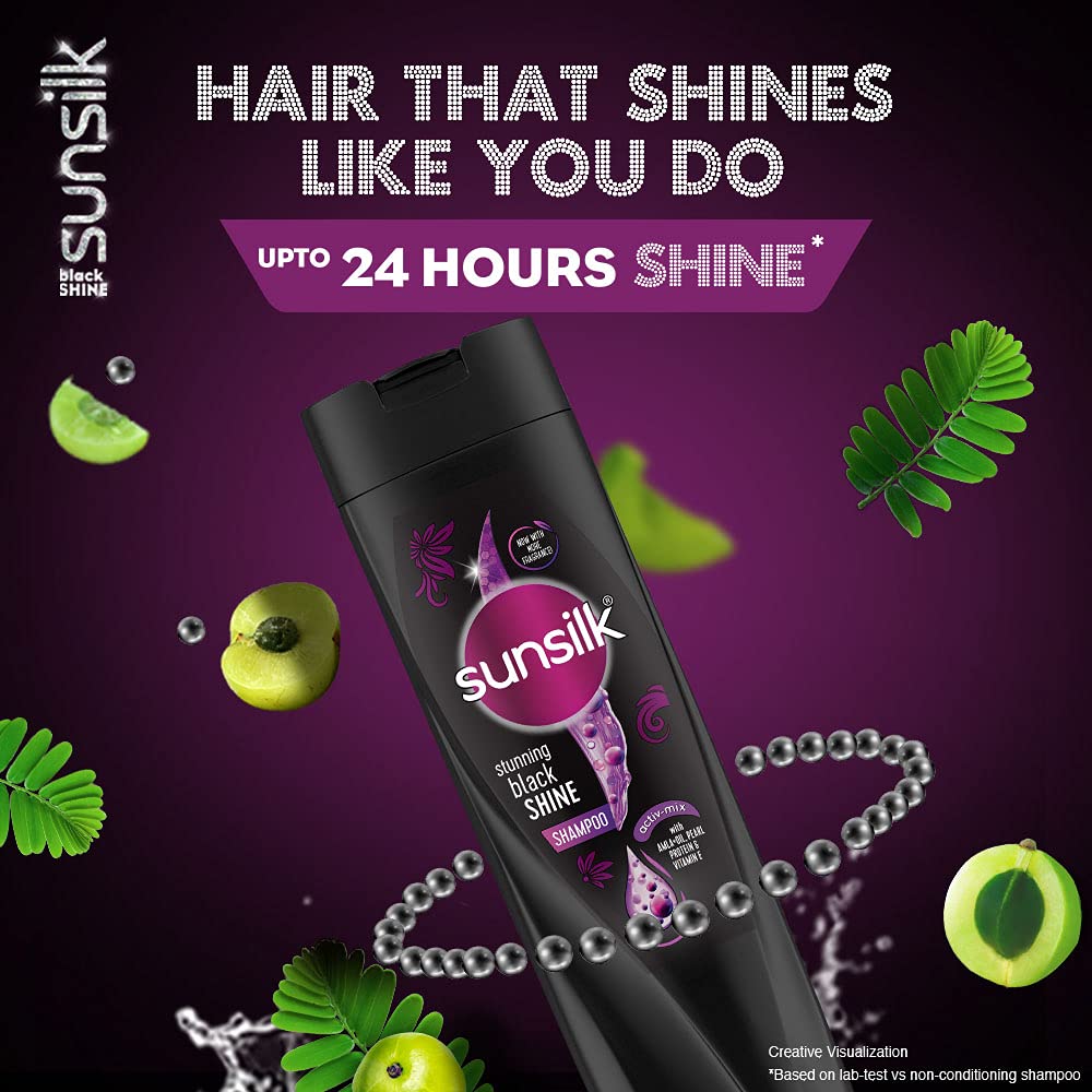 Sunsilk Stunning Black Shine Shampoo 340 ml, With Amla + Oil & Pearl Protein, Gives Shiny, Moisturised, Fuller Hair
