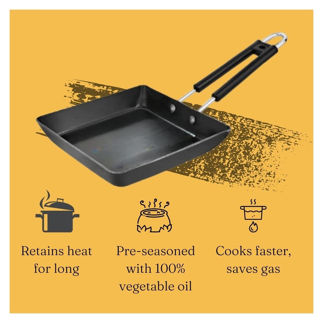Being One Japanese Omelette Pan| Small Pan For Omelette| Square Frying Pan Mini Frying Pan Iron Omelette Pan With Steel Handle | Egg Pan| Coating Free Cookware | - 1 Count, Black