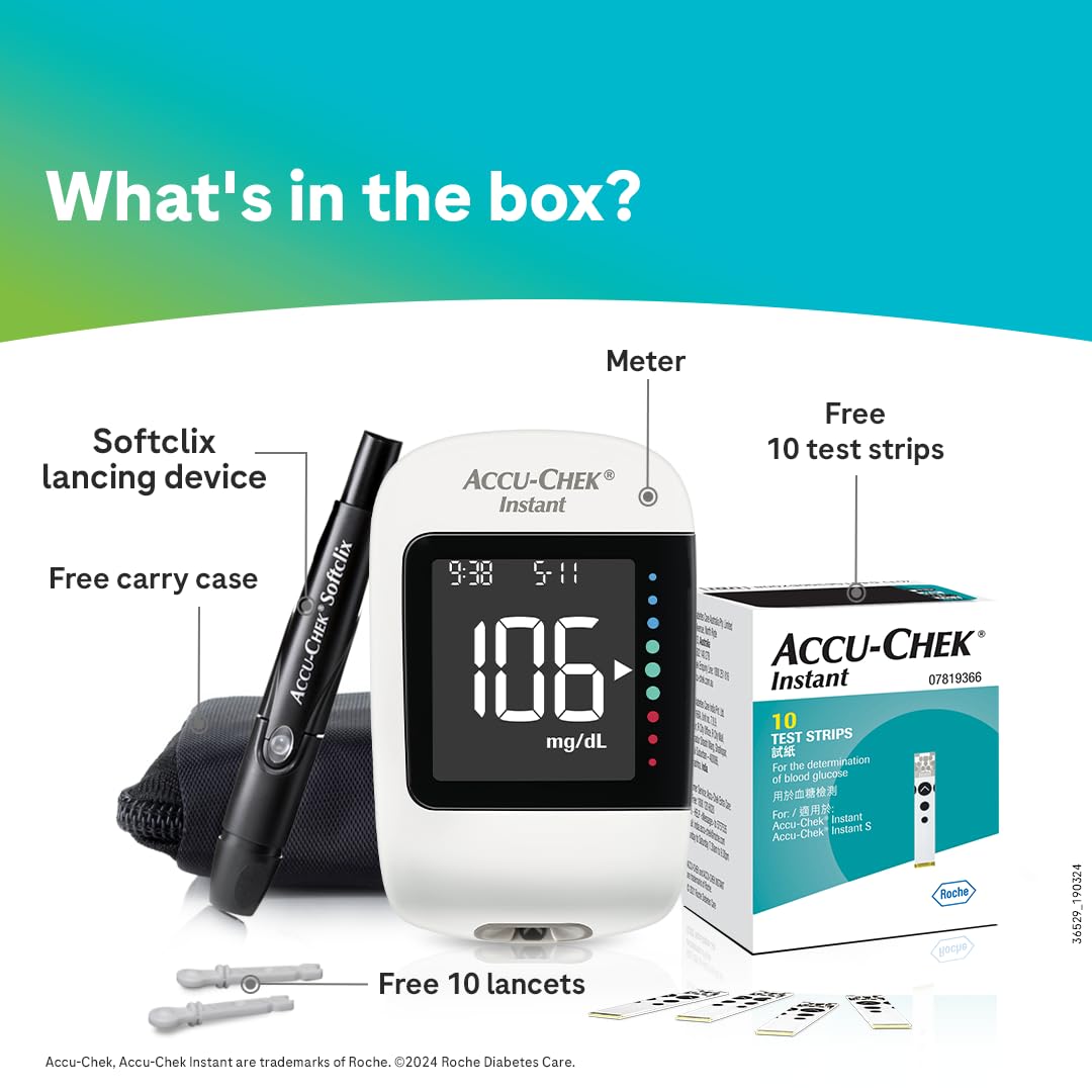 Accu-Chek Instant Blood Glucose Glucometer Kit with Vial of 10 Strips, 10 Lancets and a Lancing device FREE