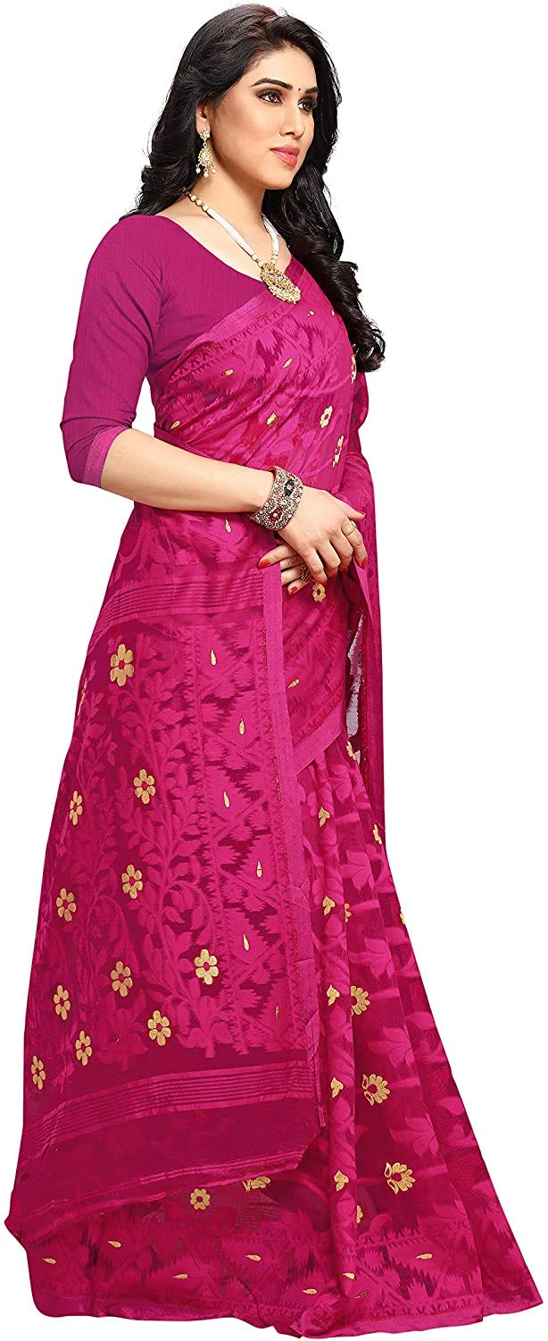 Aishwarya Sarees Women's Jamdani Jute Cotton Saree With Blouse Piece (AS - SOFT DHAKAI NEW -1_Pink)