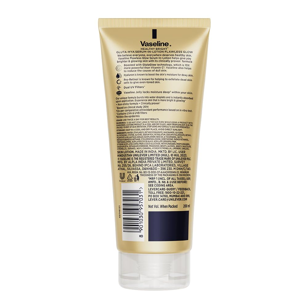 Vaseline Gluta-Hya Flawless Glow Lotion for Face & Body | Gives Brighter Skin | Glutathione & Pro-Retinol Infused Moisturizer, 200ml