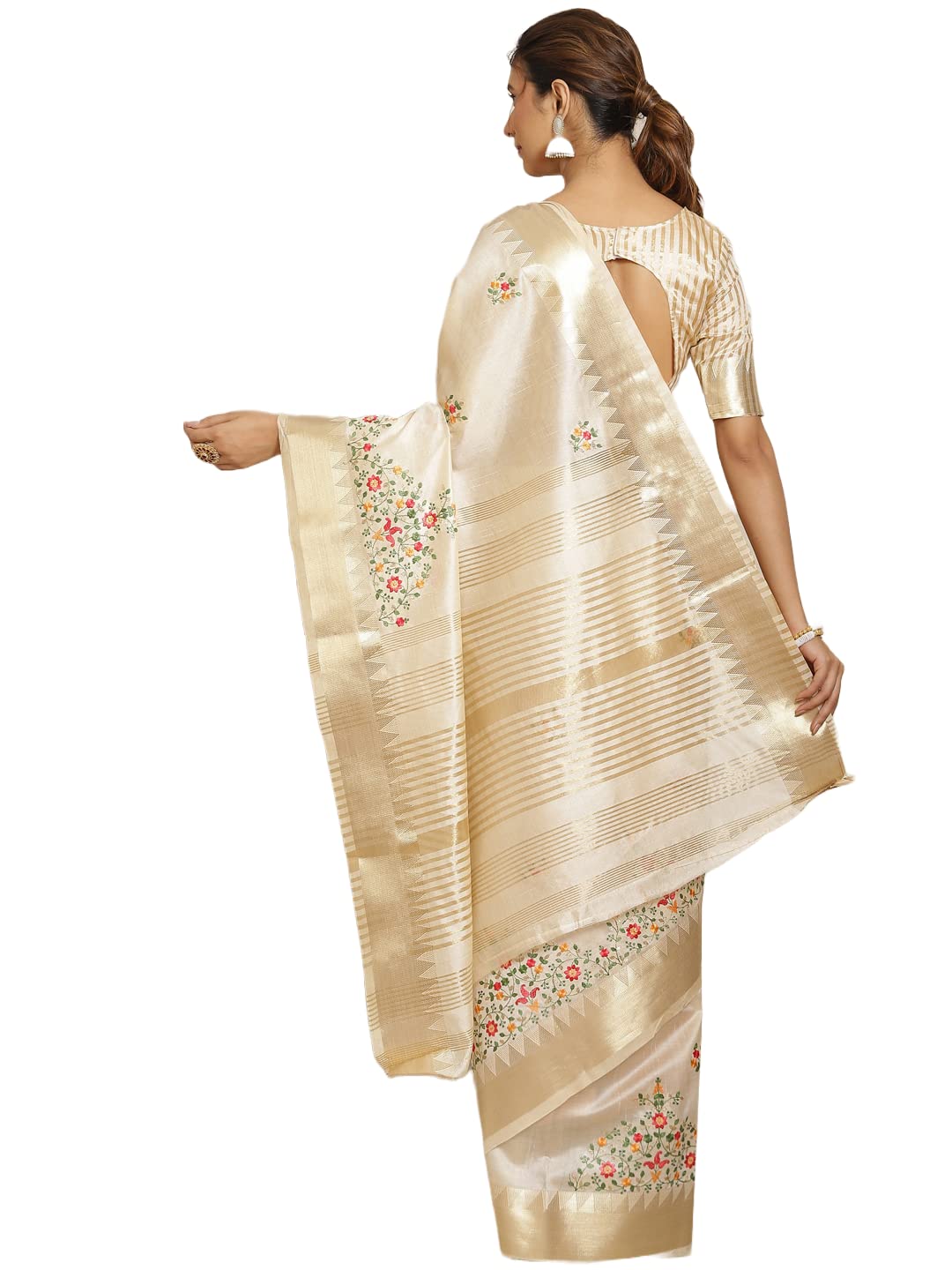 arriva fab Women's Kasavu Cotton Blend Saree With Blouse Piece (Riva1698__White)