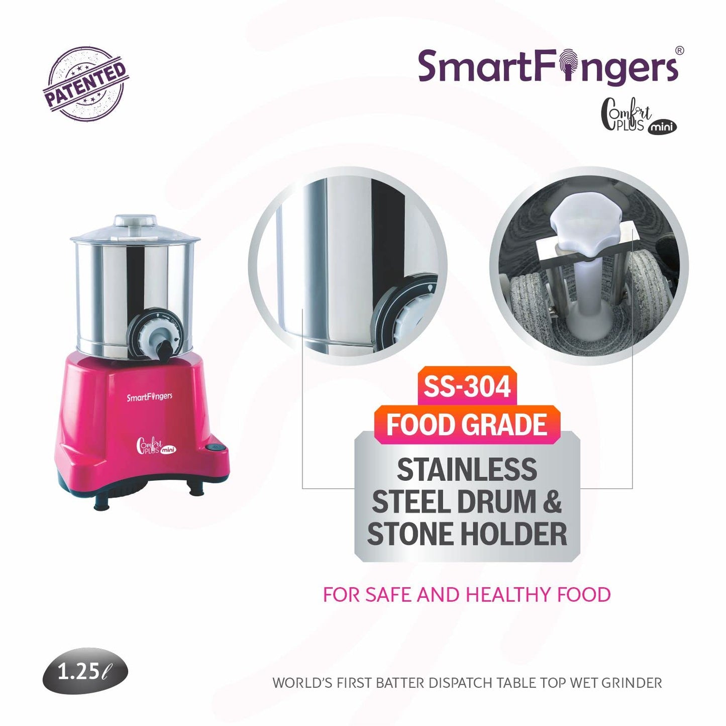 SmartFingers Comfort Plus Mini Table Top Wet Grinder 230V 50hz, 1.25 Liter, Pink