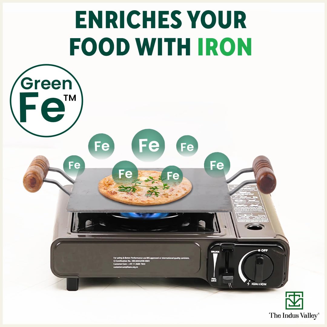 The Indus Valley Pre-Seasoned Square Iron Tawa with Wooden Handle | 30 cm/11.8 inch, 3.26kg | Induction Friendly | Pre-Seasoned Tawa, 100% Pure & Toxin-Free, No Chemical Coating