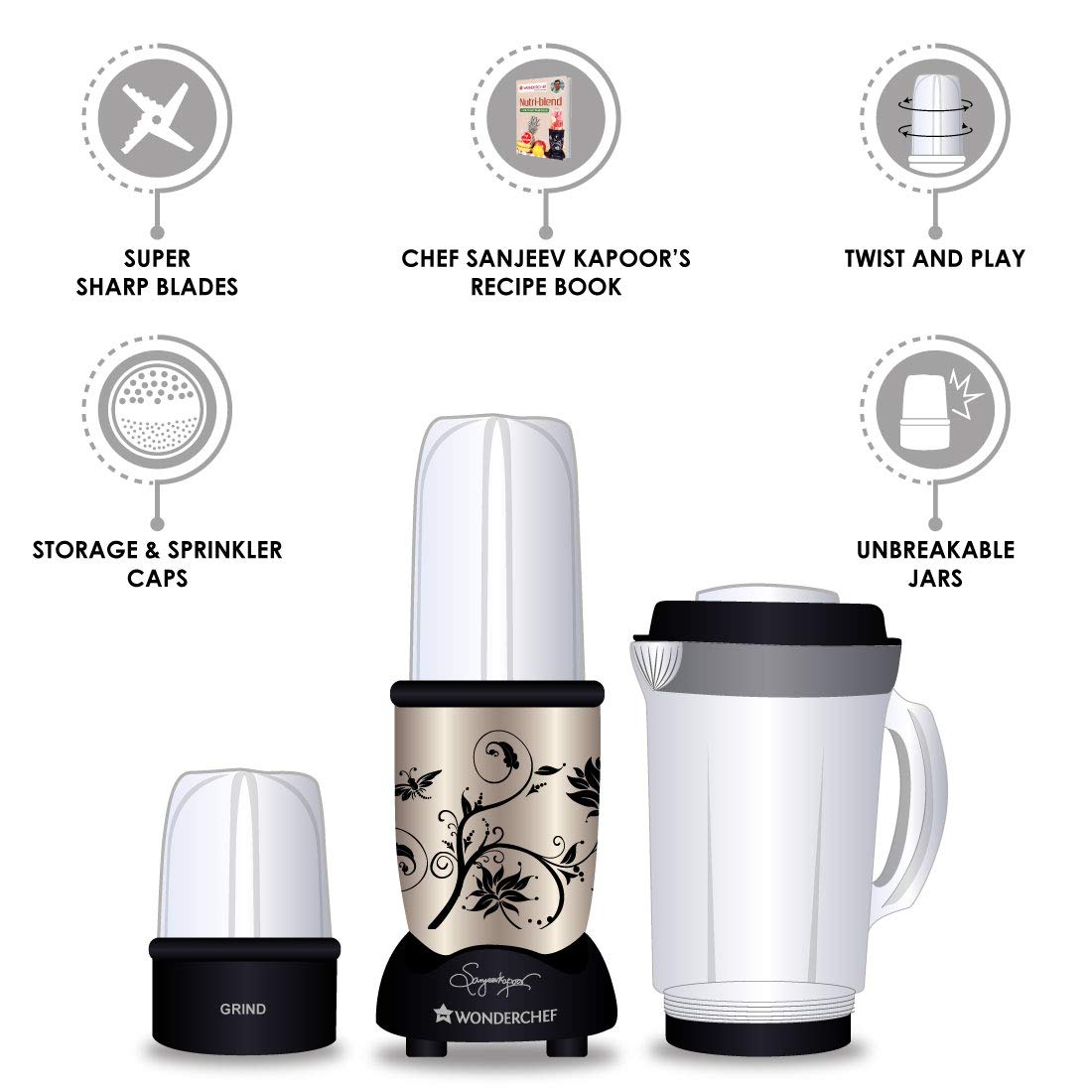 Wonderchef Nutri-Blend 63152294 400-Watt Mixer with 3 Jars (Champagne/Black)