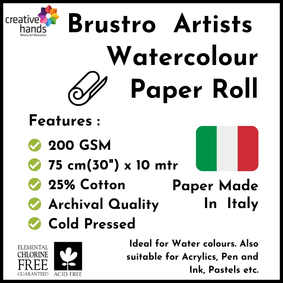 Brustro Artists' Watercolour 25% Cotton Paper Roll 200 Gsm Cold Pressed Size 75 cm(30") x10 mtr